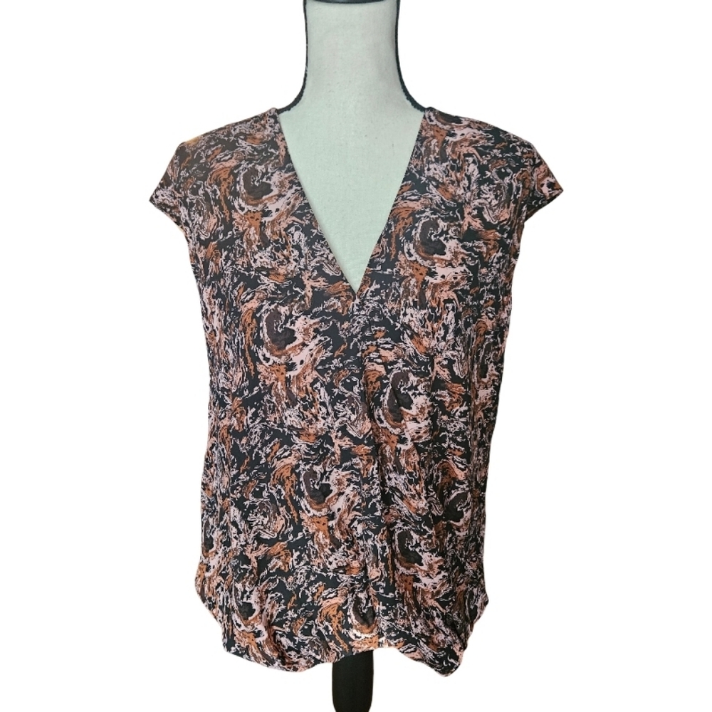 Halogen Swirl Print V-Neck Blouse - Black and Brown
